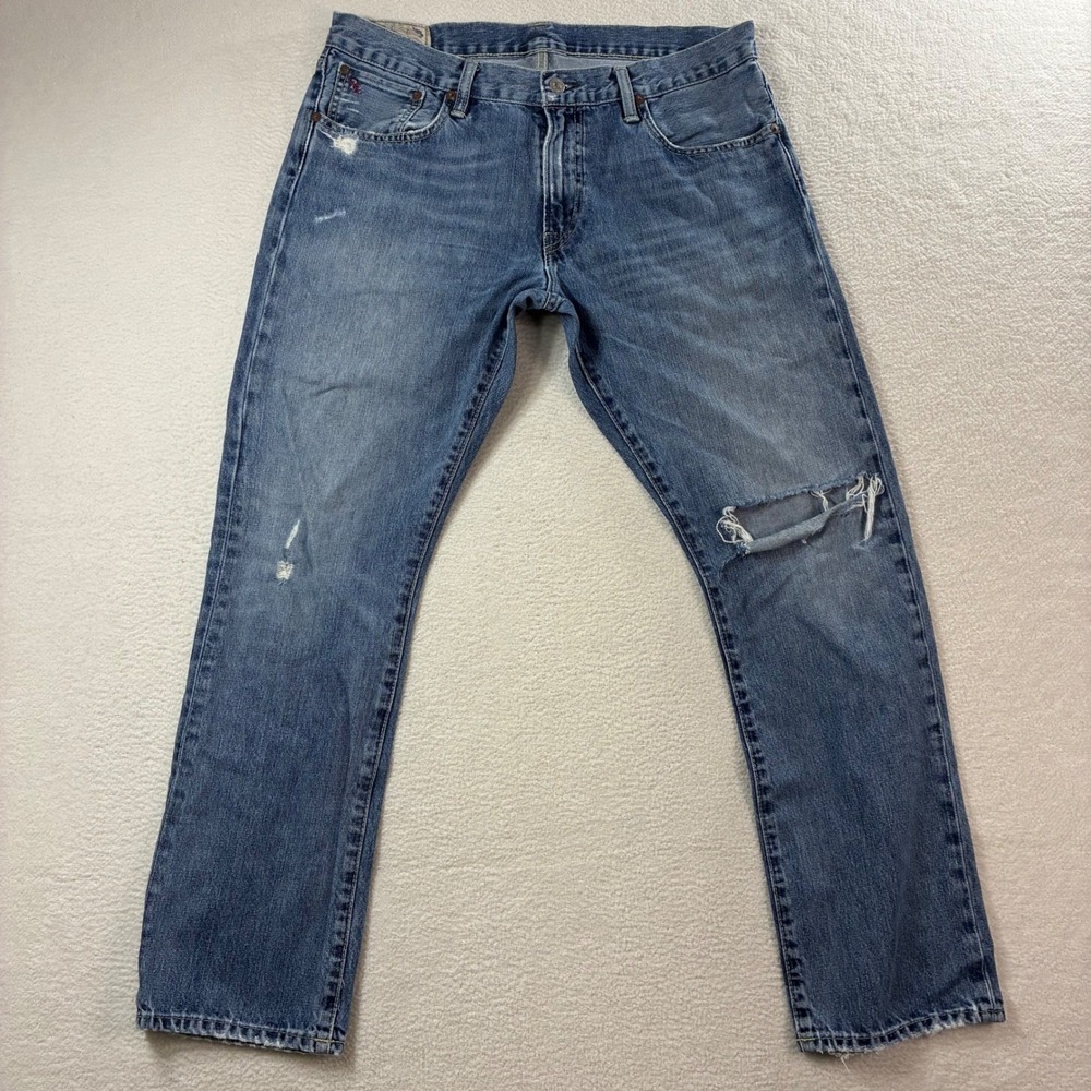 Polo Ralph Lauren Varick‎ Slim Straight Jeans Mens 34x30 Blue Distressed Denim
